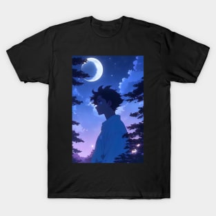 Anime moon boy with cresent moon in night sky moon lover T-Shirt